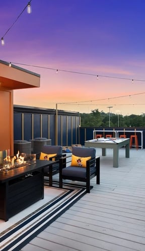 Rooftop deck at dusk with Music City neon sign, fire pit, and string lights